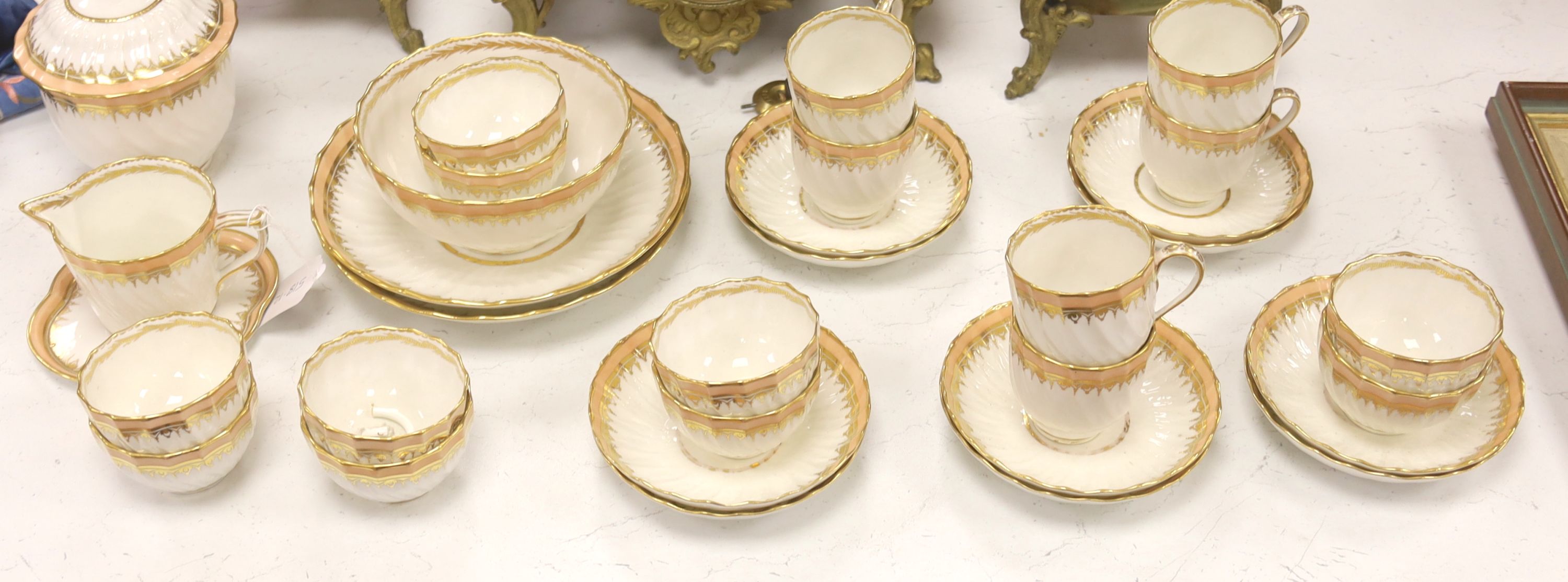 A Derby part tea and coffee set, c.1795, puce marks, pattern number 84